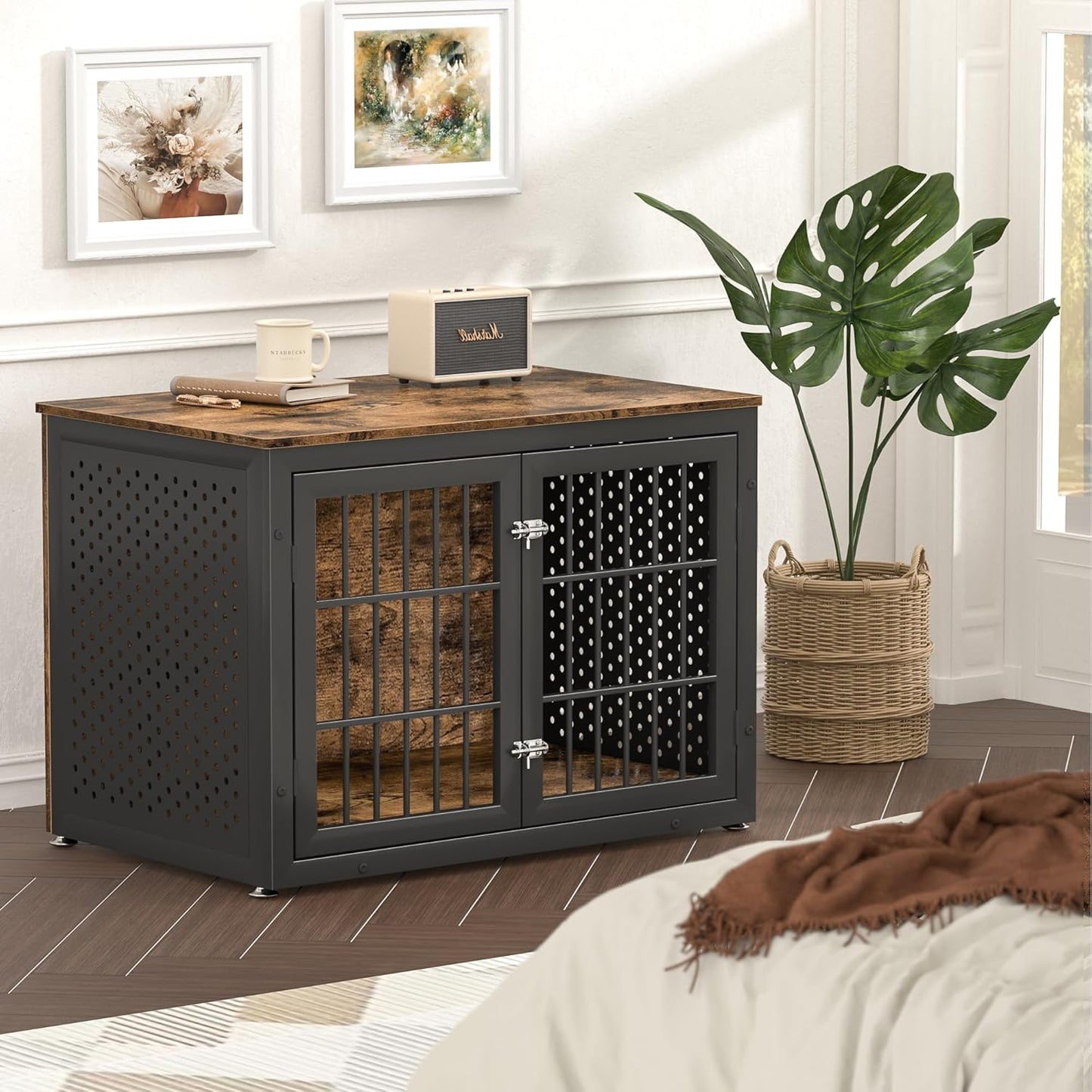 38" Heavy Duty Dog Crate Furniture for Large and Medium Dogs,Wooden Metal Kennel for High Anxiety Dogs, Chew Proof Pet Cage Indoor, Decorative Dog Kennel End Table