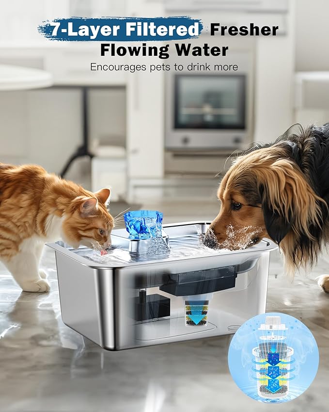 PETNF Dog Water Fountain for Large Dogs, 11L/3Gallon Stainless Steel Large Dog Fountain Water Bowl, Automatic Pet Water Bowl Dispenser with 2 Filters Indoor, Quiet and Safe Pump, Easy to Clean