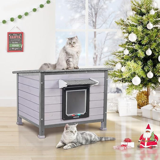 Outdoor Cat House Rainproof All Round Metal Frame Wooden Condos, Indoor and Outdoor Use for Rabbit,Small Animal Feral Cat Shelter