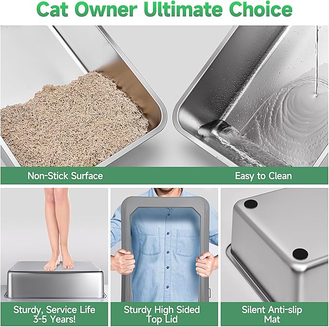 2 Pack Stainless Steel Cat Litter Box with Lid, XL Extra Large for Big Cats, 24" L x 16" W x 12" H, Metal Litter Box High Sided, Easy Cleaning, Include Scoop (Dark Gray & Light Gray)