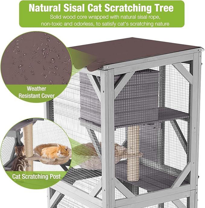 GUTINNEEN Cat House Catio Outdoor Cat Enclosure on Wheels Kitty Shelter with Waterproof Cover,Large Cat Cage with Resting Room,Platforms 62.5"