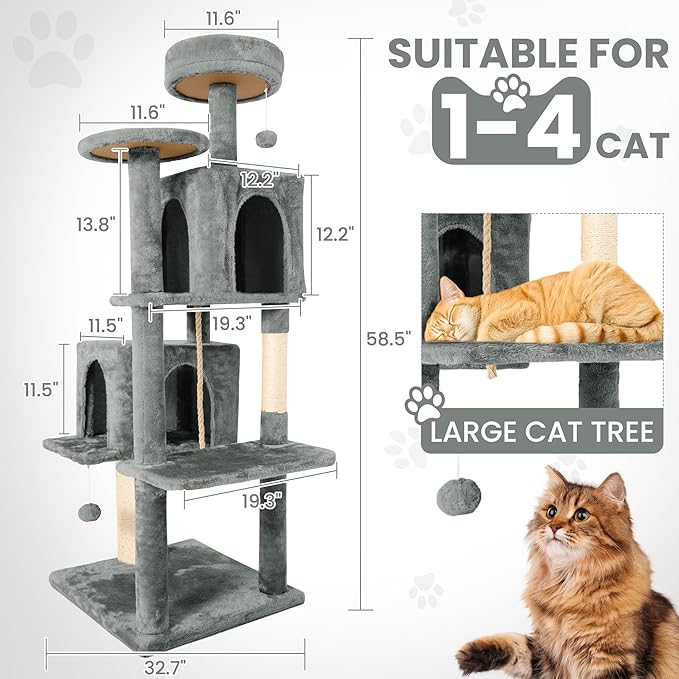 58.5inch Large Cat Tree Tower Condo for Indoor Cats, Soft Plush Multi-Level Climbing Tree Cat House, Scratching Post, More Entrance/Exit, Sisal Rope, Grey
