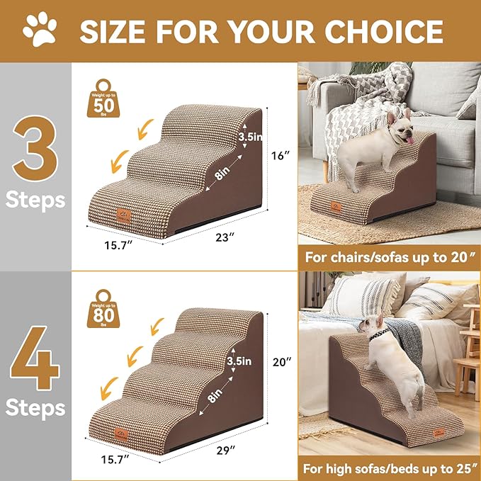 Dog Ramp and Stair for Bed 16" H-20 H,3-Step Cat Stair for Sofa and Chair,4-Step Dog Ramp for High Bed and Window,Durable Nonslip Fabric Cover for Indoor (Coffee-16 H, Pet Friendly, 3)