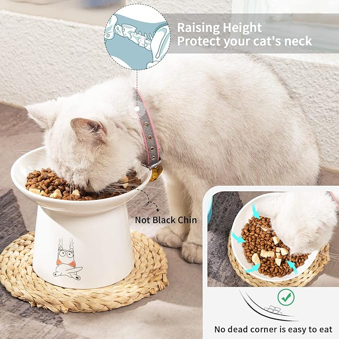 OMAYKEY Extra Wide Elevated Cat Bowls, 6.5 Inch Ceramic Raised Cat Bowl Set for Food and Water, Wide Shallow Pet Food Dishes Feeder, Whisker Fatigue, Protect Pets' Spines, White & Blue