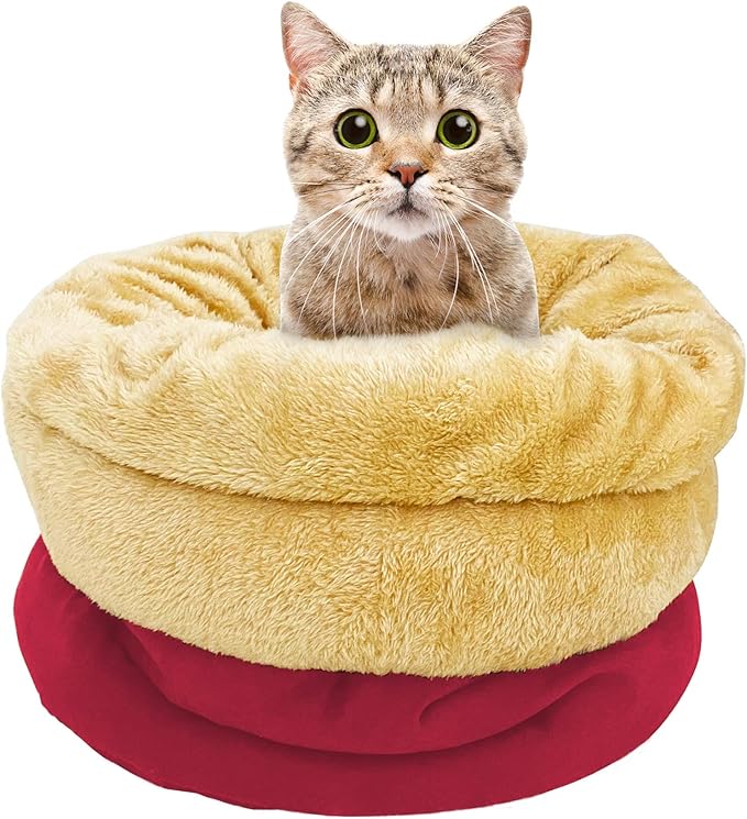4 in 1 Self Warming Burrow Cat Bed, Pet Hideway Sleeping Cuddle Cave (Burgundy)
