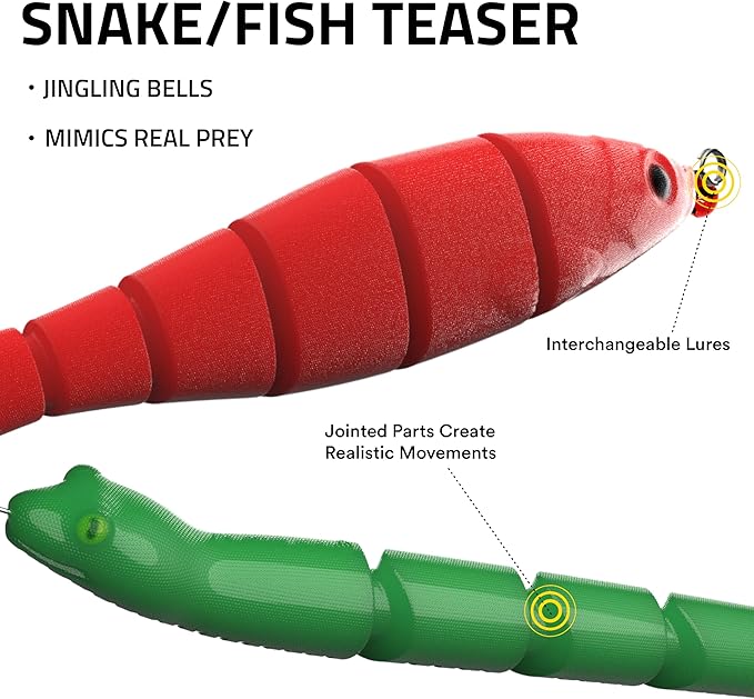 Playology Cat Toy Snake and Fish Teaser | Interactive Toy with Jingle Bells and Interchangeable Lures That Supports Active Play | Perfect for Active Indoor Cats