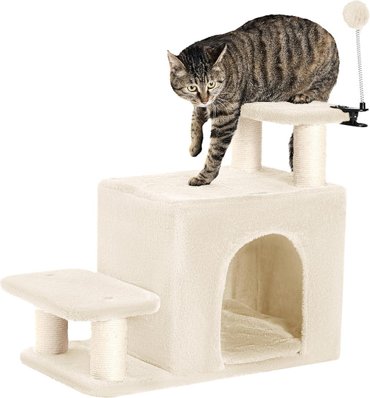 Happi N Pets Dog Stairs with Cat Scratching Post & Large Condo, Stable Pet Steps for High Beds Couch, 3 Combinations Cat Ramp Tree Tower for Cats or Small Dogs, Removable Cushion & Bonus Toy, Beige