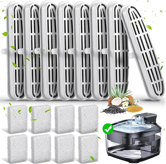 16 Pack Cat Water Fountain Filters-Cat Fountain Replacement Filters for Stainless Steel 108/3.2L Adjustable Water Flow Pet Water Fountain(8 Filters&8 Sponges)