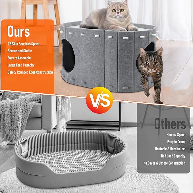 Cat House for Indoor Cats, Double Layer Cat Bed Cave, Large Space Cat Enclosed Bed for Home, Easy Assembly (Grey, Large)