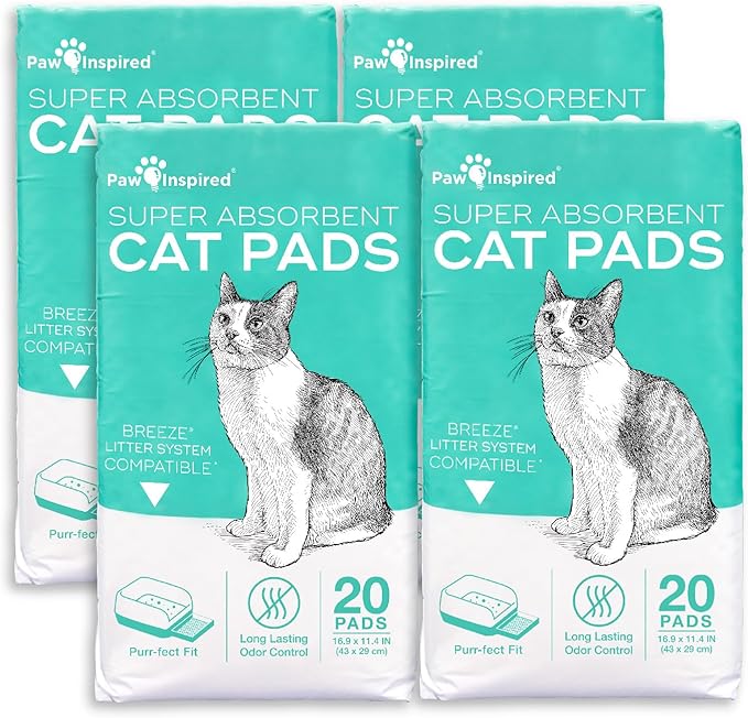 Paw Inspired Cat Pads, Generic Refills for Tidy Cats Breeze Litter Box System, Disposable Kitty Litter Liners, Super Absorbent Pee Pads, 16.9 x 11.4 Inch (Original/Unscented, 80 Count)