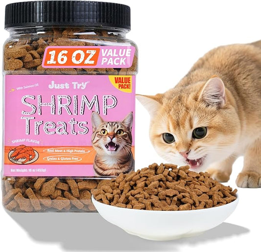 Just Try 16 OZ Shrimp Cat Treats - Grain Free, Crunchy Cat Snacks with Real Shrimp & Krill Oil for Cats, Omega-3 for Skin & Coat, Training Treats