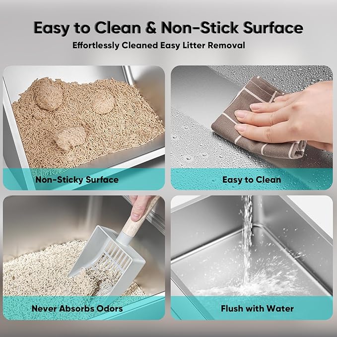 Stainless Steel Cat Litter Box with Lid, XL Large Litter Box for Big Cats, Enclosed Kitty Litter Pan with High Sides, Anti-Leakage&Non-Stick, Easy to Clean, Included Scoop, Aisle and Mat Beige