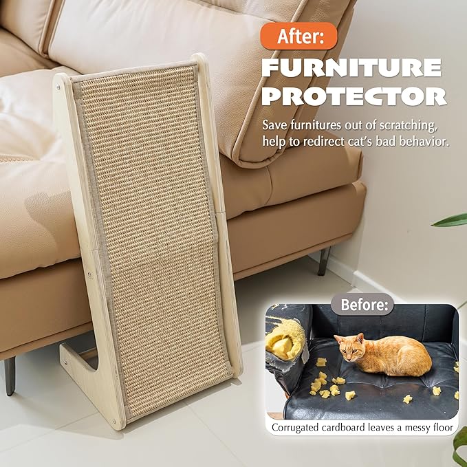 PETKARAY Sisal Cat Scratcher Ramp, L Shaped Scratching Post and Scratch Pad for Indoor Cats, Wall Furniture Protector(Large)