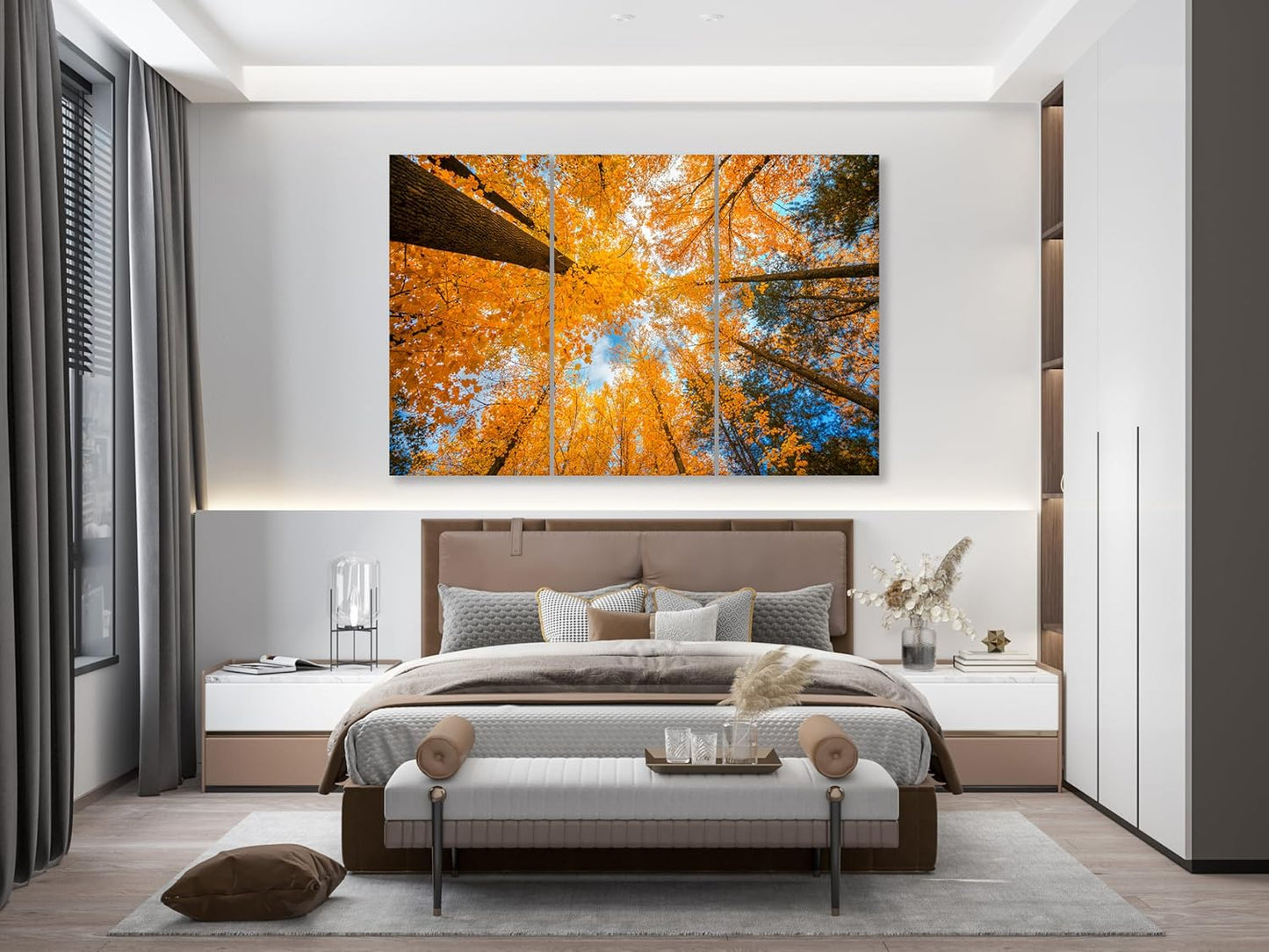 Nature Wall Art Prints - Ocean Forest Mountain Lake Canvas Landscapes - Small to Extra Large Living Room Bedroom Kitchen Bathroom Décor (Blue Sky Through Yellow Autumn Trees, 55L" x 83W"- 3 Panels)