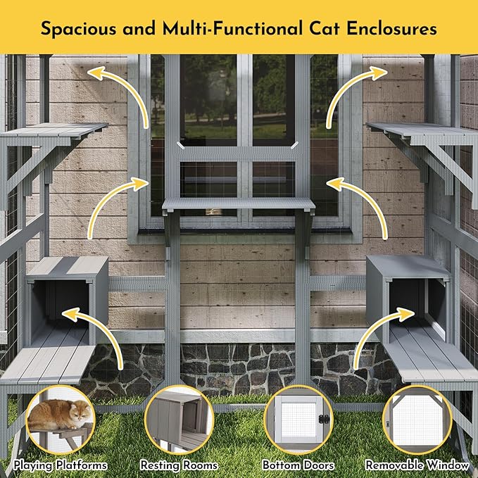 Outdoor Catio Cat Enclosures - Extra Large Wooden Outdoor Cat House Enclosure Weatherproof with Multi Platforms & Lounge Boxes, Indoor Interoperability - 71 Inch H