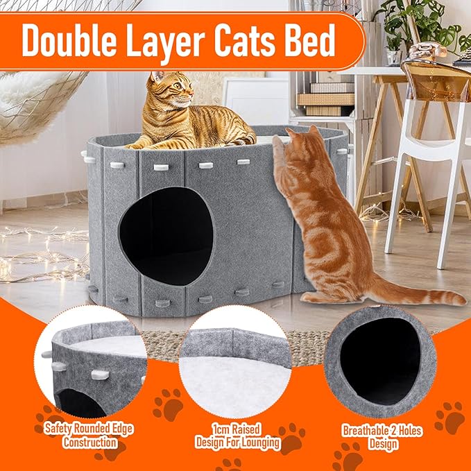 Cat House for Indoor Cats, Double Layer Cat Bed Cave, Large Space Cat Enclosed Bed for Home, Easy Assembly (Grey, Large)