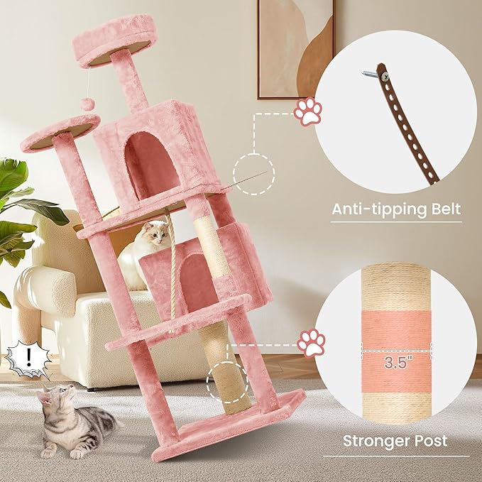 58.5inch Large Cat Tree Tower Condo for Indoor Cats, Soft Plush Multi-Level Climbing Tree Cat House with 1 360° Rotating Cat Cave, Scratching Post, More Entrance/Exit, Sisal Rope, Pink