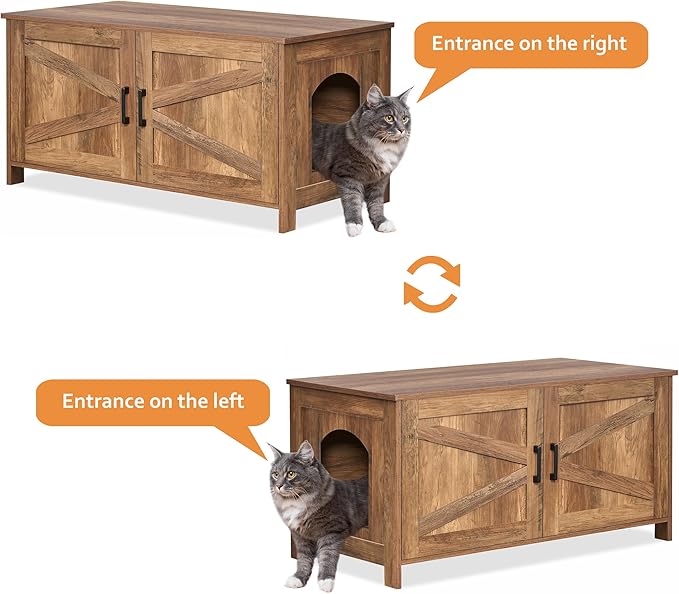 Homhedy 39.4" L Cat Litter Box Enclosure, Pet House with Barn Door,Wooden Cat Washroom Furniture,Fit Most of Litter Box, Rustic Walnut