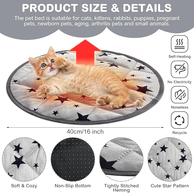 Namalu 4 Pack Self Warming Cat Bed Self Heating Cat Mat Star Pattern Soft Dog Crate Pad Thermal Pet Mat Anti Slip Kennel Washable Dog Warming Bed for Outdoor Indoor(15.7 Inches,Round)