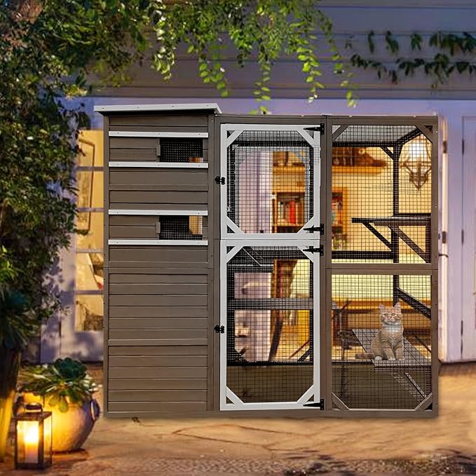 Catio Cat Enclosure Outdoor, Large Cat House Outdoor Weatherproof Attached to Window for Multi Cats, Asphalt and UV Protection Roofs, Multi Platforms-71 H 77" L