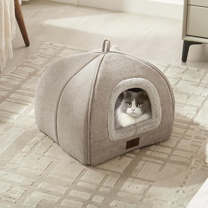 Cat Bed for Indoor Cats - Cat House Cats Tent with Removable Washable Cushioned Pillow, Soft and Self Kitten beds,for Small and Medium Pet Bed, Beige