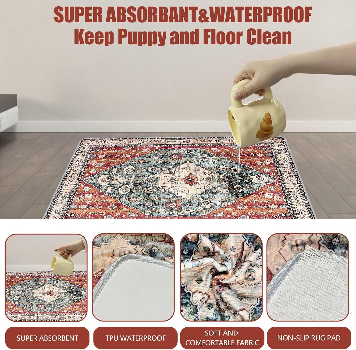 Washable Pee Pads for Dogs, (2 Pack, 36"x42") Upgrade Reusable Puppy Pads with Non-Slip Rug Pad, Super Thickening Absorbent Leakproof Dog Traning Pads Whelping Pad for Dogs, Doggie(Red-2)