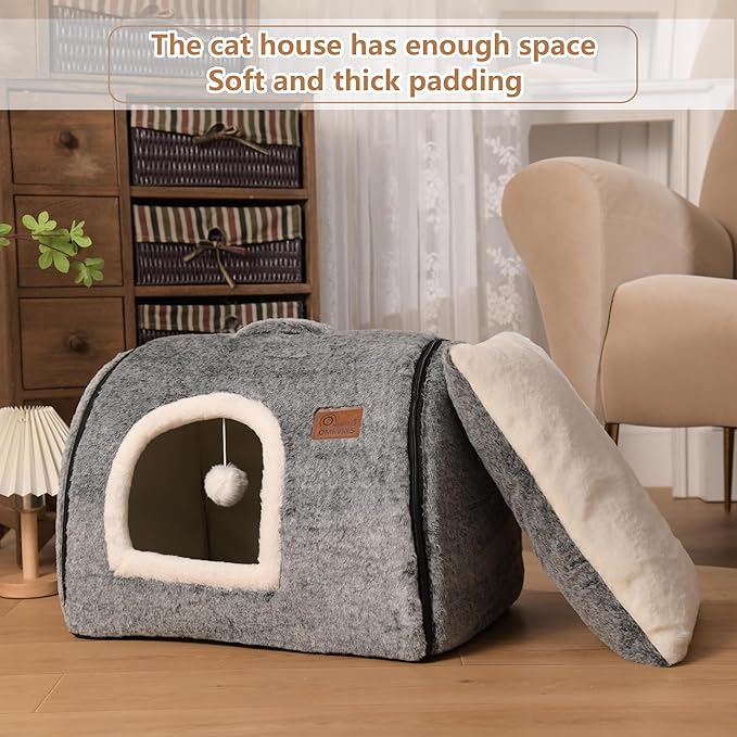 cat Bed cave-cat beds for Indoor Cats,Soft and Comfortable Cute cat House,with Removable Washable Cushioned Pillow,Enclosed pet Bed,Kitty cat hut、Hideaway,Small Large Dog Tent (Dark Grey)