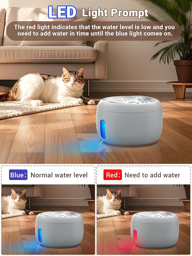 Kastty 3.5L/118 oz Quiet Cat Water Fountain, Large Capacity Pet Water Fountain for Cats Indoor Water Level LED Light Multi-Filtration, Automatic Cat Fountains for Drinking Easy Cleaning FS77(Grey)