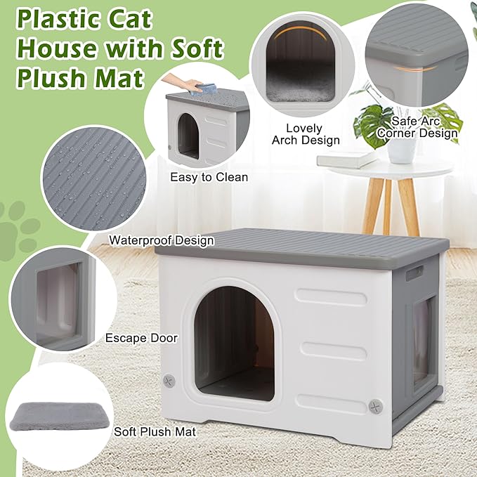 Waterproof Cat House for Outdoor Cats, Plastic Feral Cat House with Escape Door and Soft Mat, Large Indoor Cat House for Mutiple Cats - Grey