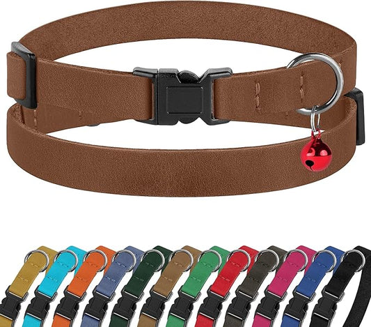 Breakaway Cat Collar Leather with Removable Bell - 13 Colors Available - Soft Adjustable Girl Boy Safety Lightweight Pet Kitten Collars Pink Brown Blue Green Red Orange Black (Cognac)