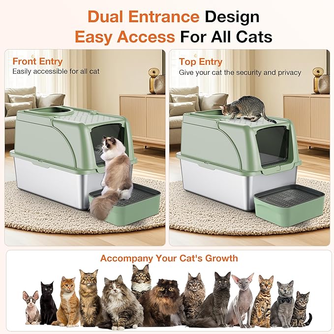 Stainless Steel Litter Box, XXL Large Metal Cat Litter Boxes, Dual Entrance Detachable Litter Box with Lid, 16.6'' High Wall Urine Leak Prevention with Cat Litter Scoop (Green)