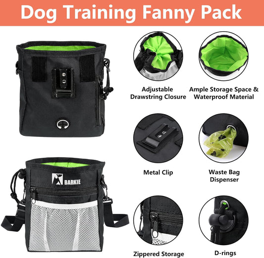 BARKIE Dog Training Kit - Treat Pouch, Pet Training Fanny Pack, 2 Puppy Training Clickers, Ultrasonic Silent Whistle, 2-in-1 Whistle Clicker, Clicker Training Guide Booklet, Dog Poop Bag (Black)