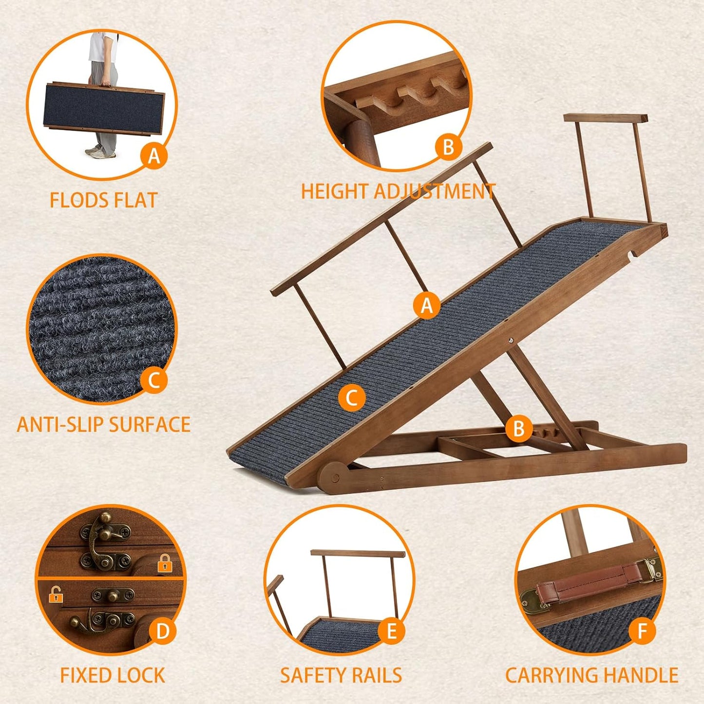 Dog Ramp for Bed Couch - Pet Steps Stairs to Get on Bed Couch 15.7"-23.6" High for Small or Large Dog Up to 200 lbs, Adjustable Wooden Dog Ramp Steps Foldable Portable, Anti-Slip Carpet (Black)