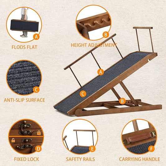 Dog Ramp for Bed Couch - Pet Steps Stairs to Get on Bed Couch 15.7"-23.6" High for Small or Large Dog Up to 200 lbs, Adjustable Wooden Dog Ramp Steps Foldable Portable, Anti-Slip Carpet (Brown)