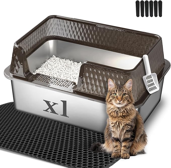 Suhaco Stainless Steel Litter Box Side Entry, Kitty Litter Mat and White Scoop Included Covered Metal High Sided Extra Large Cat Litter Box with Lid Removable Enclosure for Medium Cats (Tall Black)
