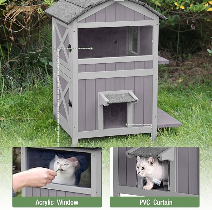 Outdoor Cat House with Two-Story, Feral Cat House with Escape Door and Two Large Side Door, Kitty Shelter with Weatherproof Roof