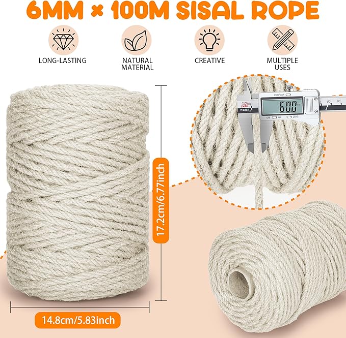 328FT/100M Cat Scratching Sisal Rope, 6mm Thick Natural Jute Rope for Scratch Posts, Cat Trees, DIY Projects, Sisal Rope for Cat Scratcher with 2 Cat Mouse Toys (White, 328ft)
