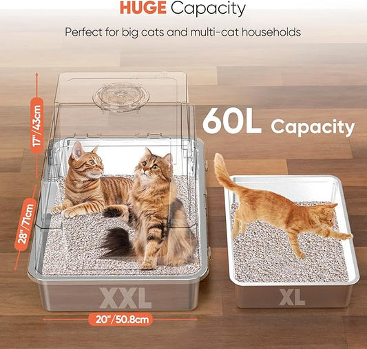 XXXL Stainless Steel Litter Box with Lid,XXXL Enclosed Metal Cat Litter Box for Big Cats,Multiple Cats,with Litter Scoop & Foot Pedal& Litter Mat,Odor Control,Easy Cleaning