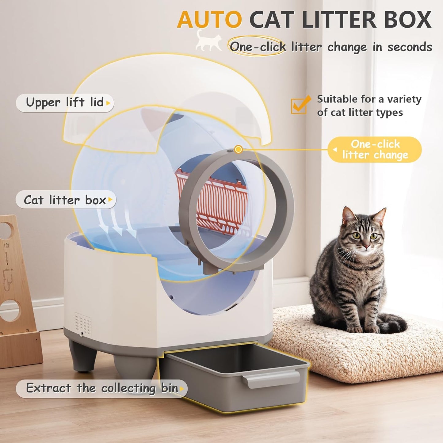 WARCAT Self Cleaning Litter Box Automatic, 90 L Automatic Cat Litter Box for Multiple Cats APP-Controlled with Smart Sensors, Safety Protection,Mat,1 Roll Garbage Bag (Gray)