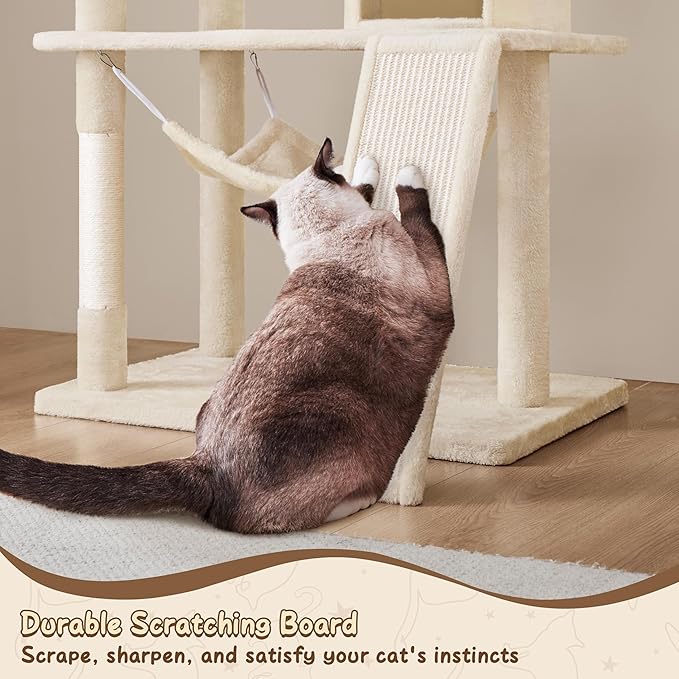 Yaheetech 63.5in Extra Large Cat Tree Condo with Sisal-Covered Scratching Post Plush Perch Hammock, Cat Tower Activity Center Kitten Furniture Play House