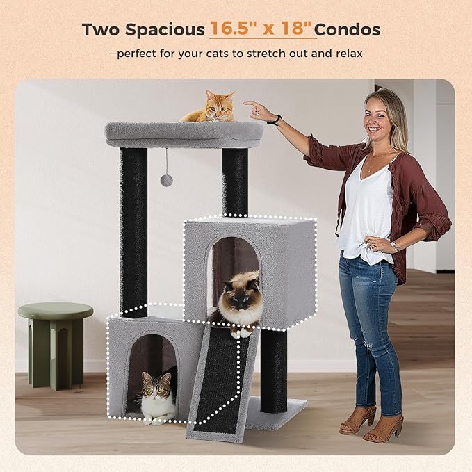 Cat Tree for Indoor Cats Adult, 45-Inch Heavy Duty Cat Tower with Sisal Scratching Ramp, 2 Cat Condo for Extra Large Cats, Big Top Perch, 3 Thick Black Scratching Posts (φ4.3) -Gray