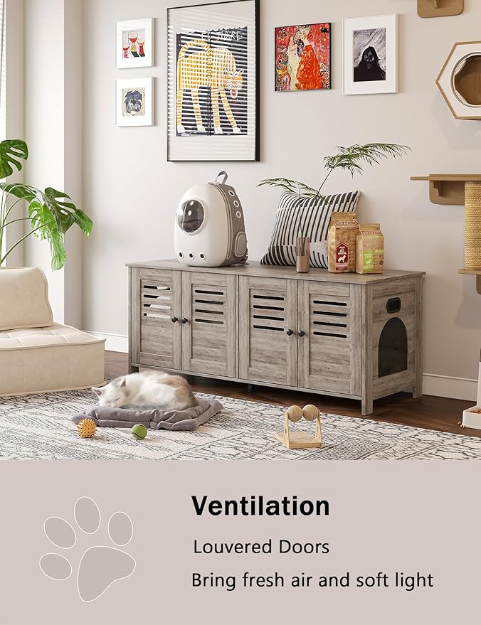 DINZI LVJ Litter Box Enclosure for 2 Cats, Hidden Litter Box Furniture with Double Rooms, Dual Cat Litter House, Front Doors, 47.2" Wooden Hidden Cat Washroom, Side End Table, TV Stand, Greige