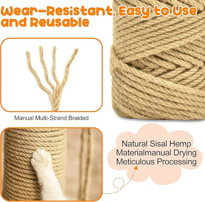328FT/100M Cat Scratching Sisal Rope, 6mm Thick Natural Jute Rope for Scratch Posts, Cat Trees, DIY Projects, Sisal Rope for Scratcher with 2 Mouse Toys (Natural, 328ft)