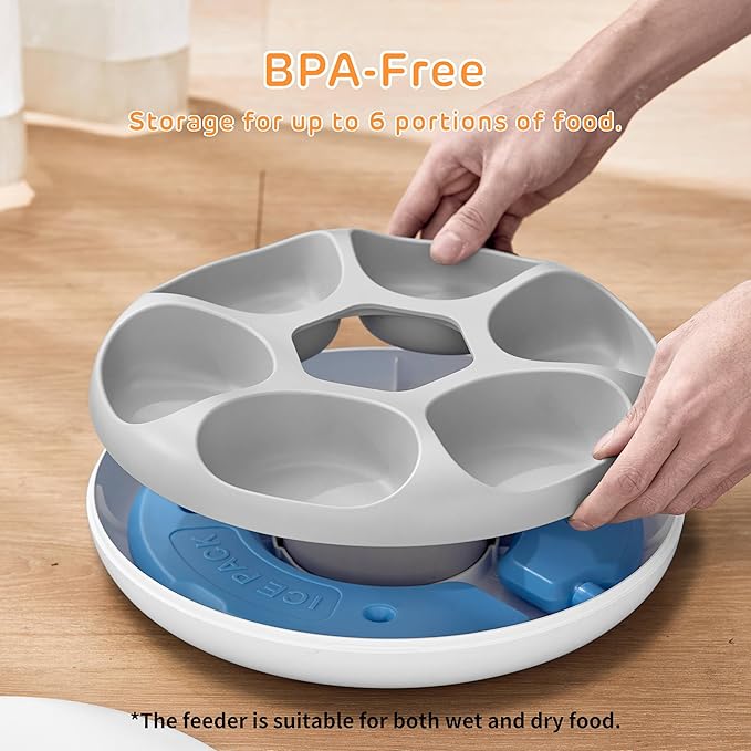 iPettie Donut Frost 6 Meal Cordless Automatic Pet Feeder, Dry & Wet Food Automatic Cat Feeder with Two Ice Packs, Rechargeable Massive Battery, Programmable Timer, Holds 6 x ½ lb. of Food