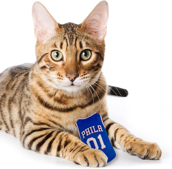 Best Plush CAT Toy - NBA 76ERS Complete Set of 3 Piece Cat Toys Filled with Fresh Catnip. Includes: 1 Jersey Cat Toy, 1 Basketball Cat Toy with Feathers & 1#1 Fan Cat Toy. Beautiful Team Logos