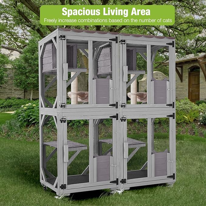 GUTINNEEN Cat House Catio Outdoor Cat Enclosure on Wheels Kitty Shelter with Waterproof Cover,Large Cat Cage with Resting Room,Platforms 62.5"