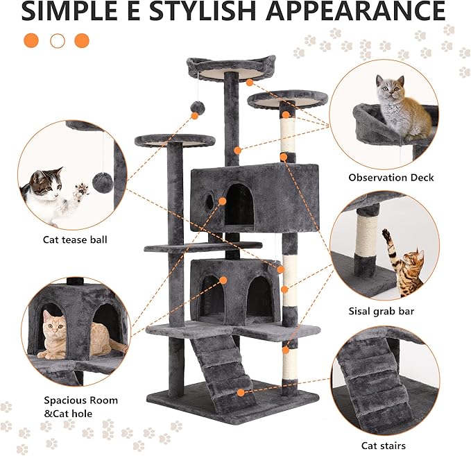 BestPet | 54" Cat Tree Tower | Light Gray | Sturdy, Easy to Assemble, Multi-Level Activity Center with Sisal Scratching Posts, Condos, Perches, Hanging Cat Toys, Observation Decks & Ladder