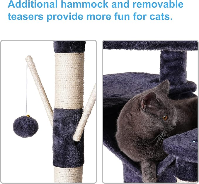 Hey-brother Cat Tree, 71 inches XL Large Cat Tower for Indoor Cats, Multi-Level Cat House with 3 Padded Perches, Big Scratcher, Cozy Basket, 2 Cat Condos and Scratching Posts, Smoky Gray MPJ034G