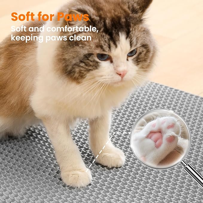 Cat Litter Mat, 24x18 Inches Large Double Layer Honeycomb Cat Litter Trapping Mat, Non Slip Waterproof Urine Proof Cat Litter Box Mat for Floor, Kitty Litter Rug, Cat Supplies, Gray