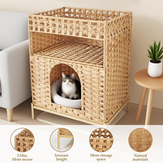Cat Litter Box Enclosure Furniture - Handwoven Rattan Hidden Litter Box Enclosure with Mat, 24.6 x 18.1 x 14.1 Inches Hidden Cat House for Living Room, Bedroom Natural